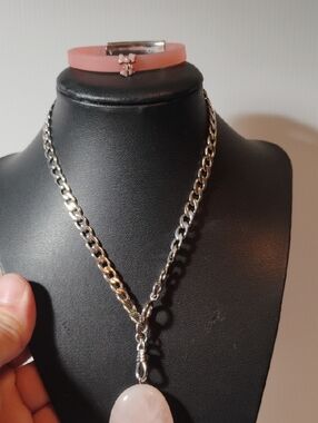 Pink Rose Quartz Pendant Necklace W/Silicone Pink Ribbon Bracket